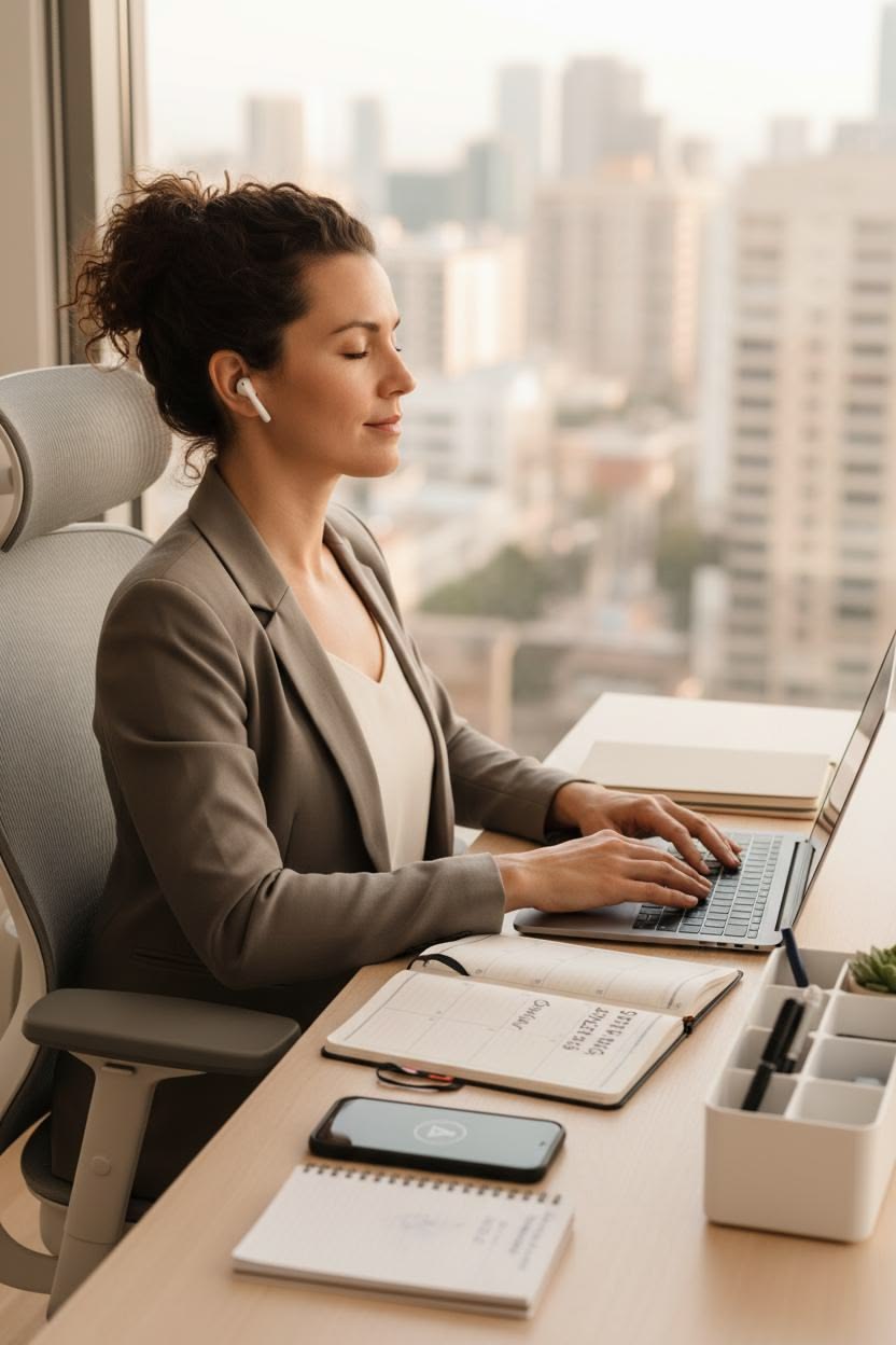 Person taking a calm, intentional pause in a bright workspace